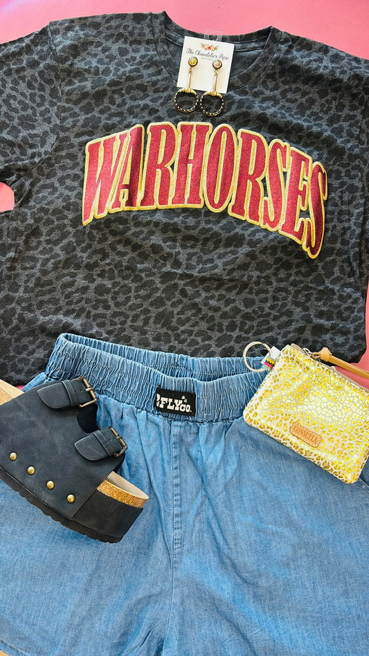 WARHORSES BLACK LEOPARD TEE - GOLD AND MAROON PUFF GLITTER
