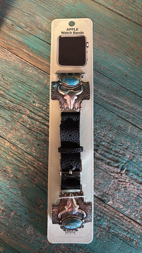WESTERN STYLE TURQUOISE STONE COW HEAD BLACK LEATHER WATCH BAND