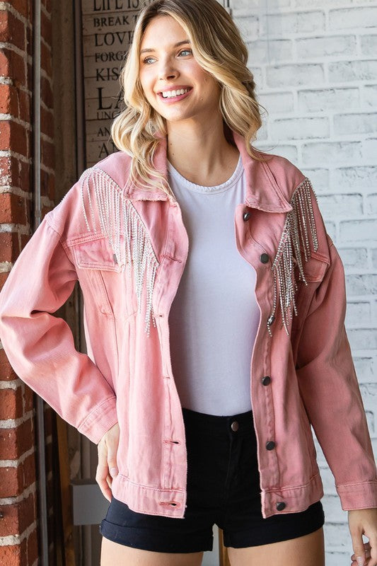 PINK RHINESTONE FRINGE OVERSIZE DENIM JACKET