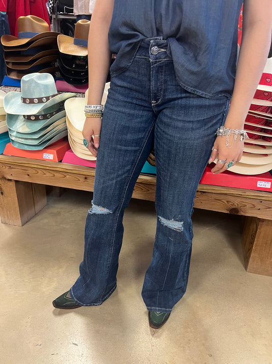 ARIAT WOMEN'S PERFECT RISE CHRISTINE FLARE WITH KNEE DESTROY JEANS - SIREN