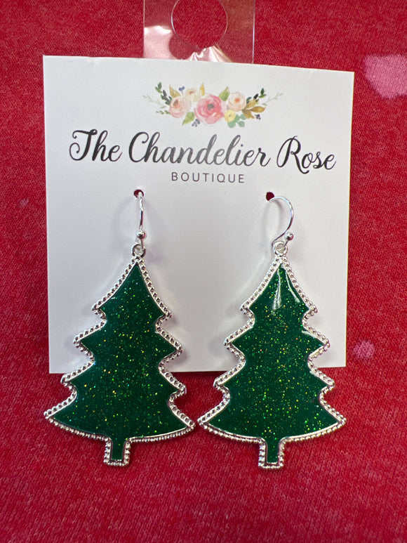 GREEN GLITTERED SILVERBACK CHRISTMAS TREE HOOK EARRINGS