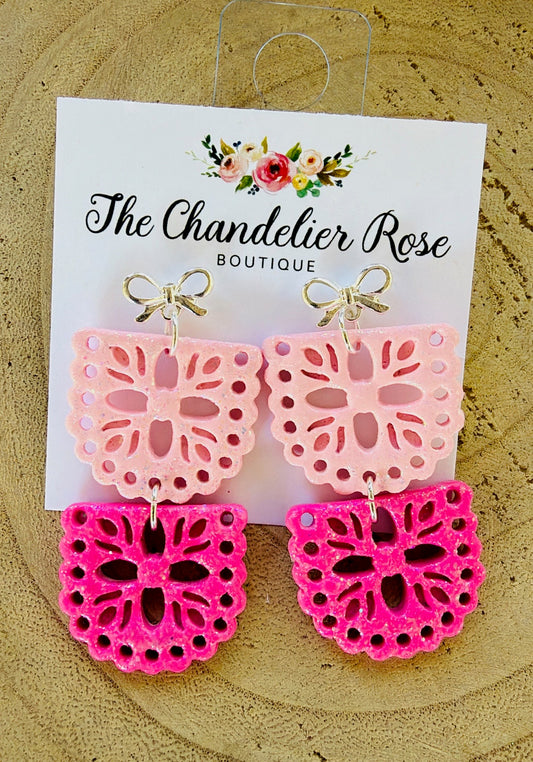 Pink & Light Glitter Pink 2 Tier Papel Picado Silver Bow Earrings