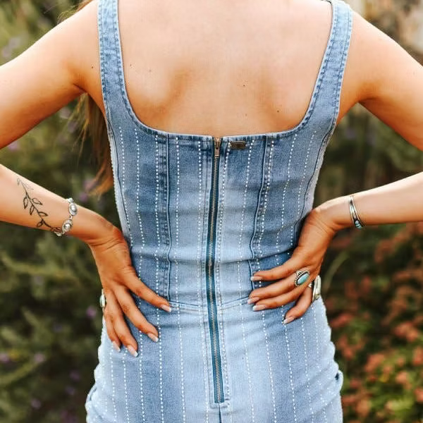 MID WASH STRETCH DENIM RHINESTONE CORSET DRESS