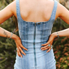 MID WASH STRETCH DENIM RHINESTONE CORSET DRESS