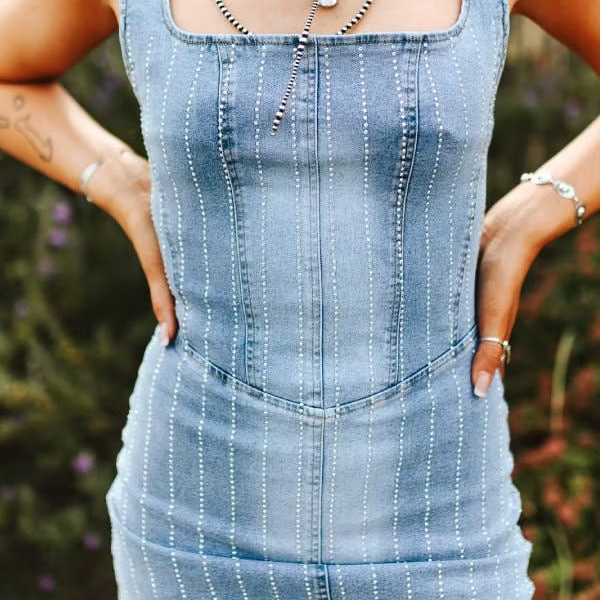 MID WASH STRETCH DENIM RHINESTONE CORSET DRESS