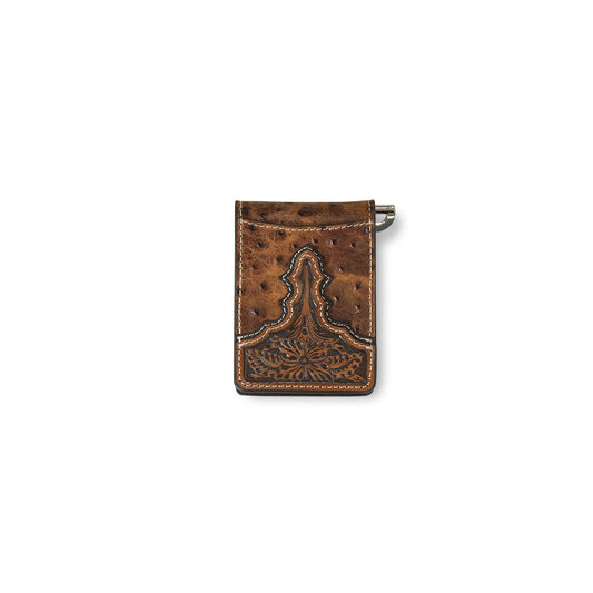 ARIAT BIFOLD WALLET MONEY CLIP OSTRICH FLORAL EMBOSSED BROWN