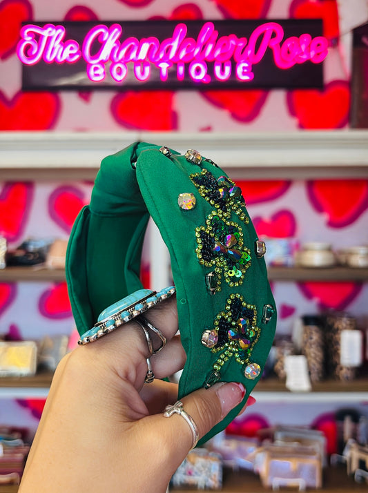 SAINT PATRICKS SHAMROCK GEMSTONE KNOTTED HEADBAND - GREEN