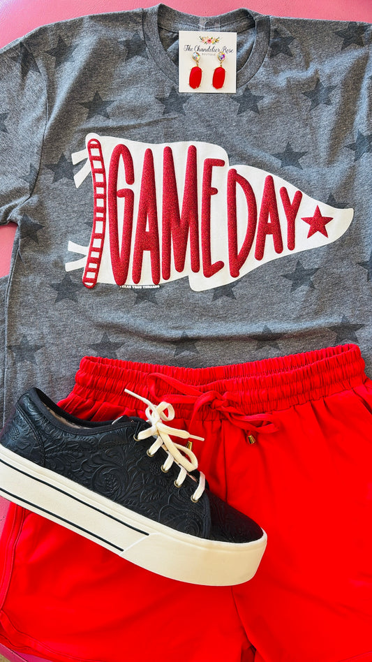 PENNANT GAME DAY HEATHER GREY STARS TEE - RED PUFF GLITTER