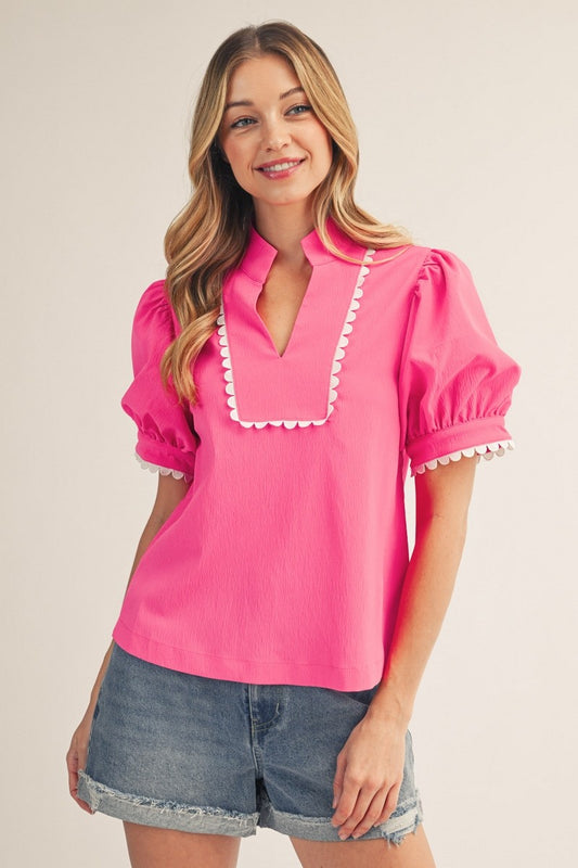 SCALLOP TRIM ACCENT SOLID CRINKLE TOP - HOT PINK