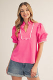 SCALLOP TRIM ACCENT SOLID CRINKLE TOP - HOT PINK