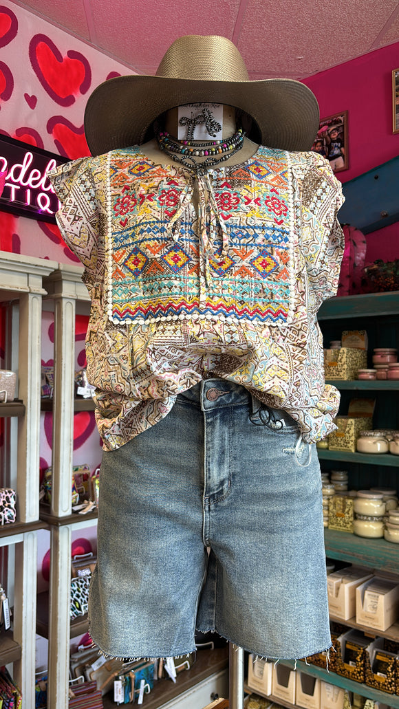 AZTEC EMBROIDERY SHORT SLEEVE TOP - BEIGE MULTI
