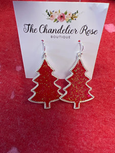 RED GLITTERED SILVERBACK CHRISTMAS TREE HOOK EARRINGS