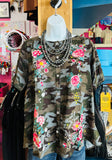 BUTTON DOWN ELASTIC SLEEVE EMBROIDERY TOP - CAMO