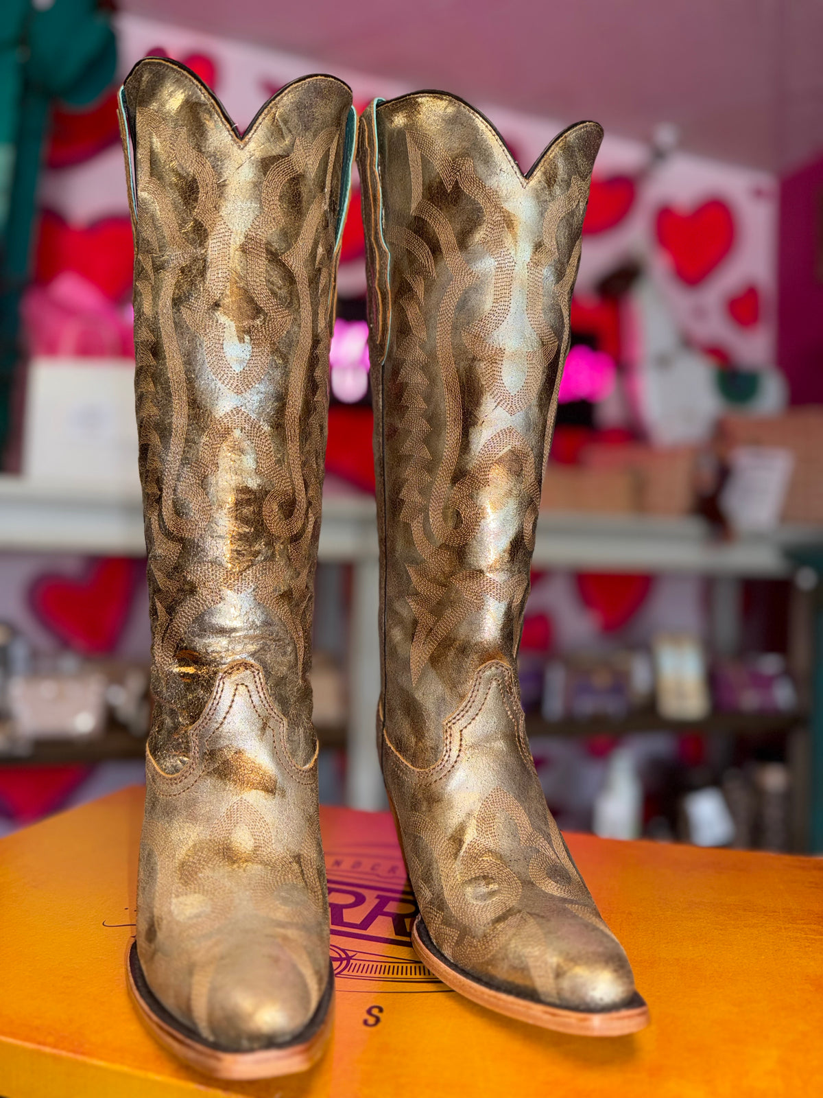 WOMEN'S GOLD METALLIZED LEATHER & EMBROIDERY TALL POINTED WESTERN BOOT - Z5223