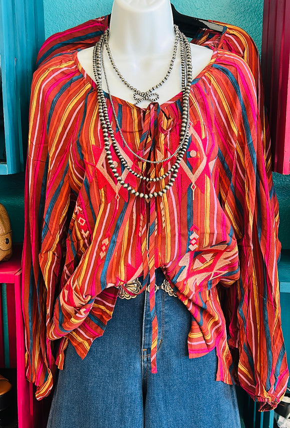 STRIPED WITH AZTEC EMBROIDERY FRONT TIE TOP - MULTI COLOR