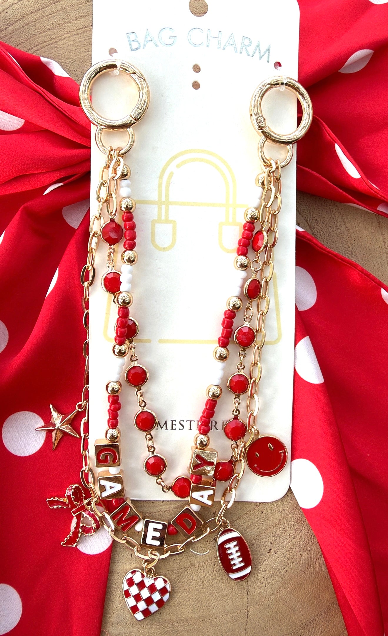 Triple Strand Game Day Bag Charm  -  Red and White