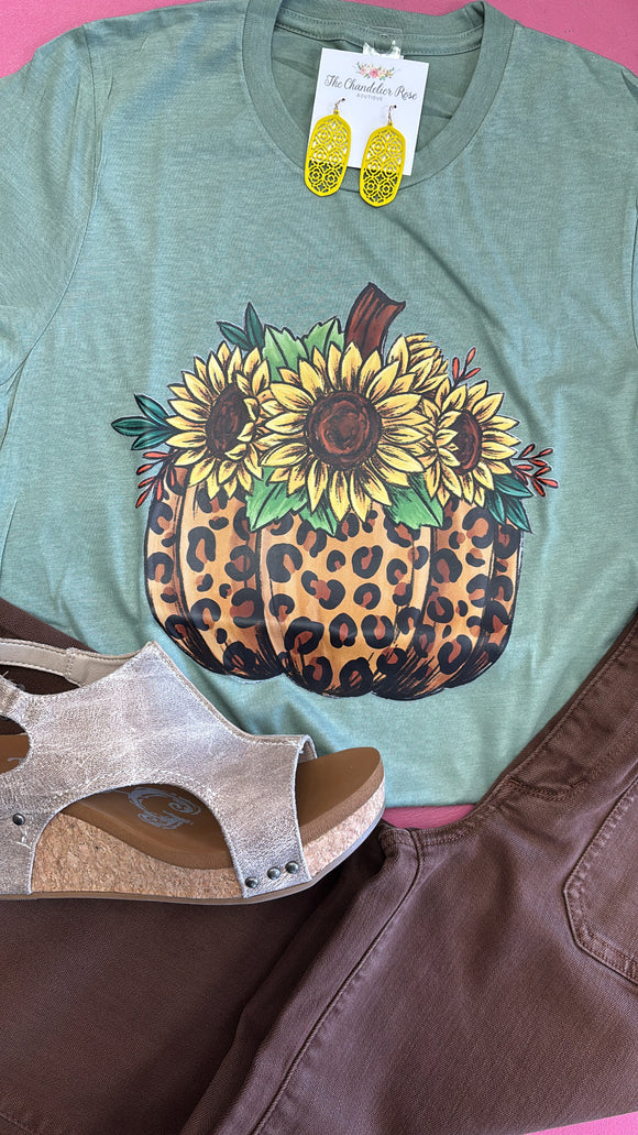 LEOPARD PUMPKIN AND SUNFLOWERS TEE - SAGE GREEN