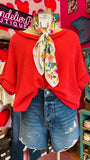 RAISED RIB CUFF SLEEVE RAW EDGE TOP - RUBY
