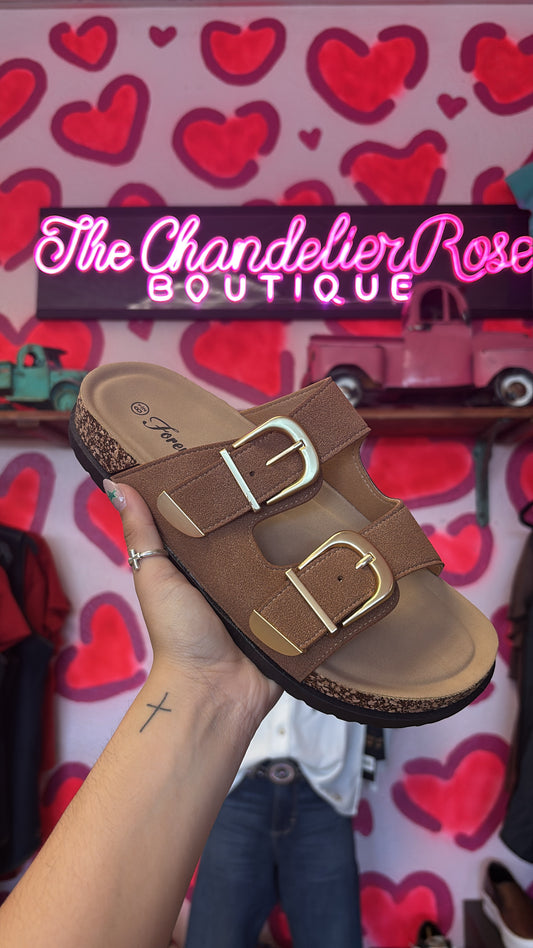 TAN DOUBLE STRAP CORK SANDALS