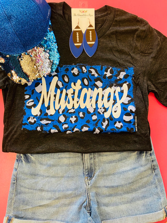 TWO TONE LEOPARD PRINT MUSTANGS GLITTER TEE - CHARBLACK
