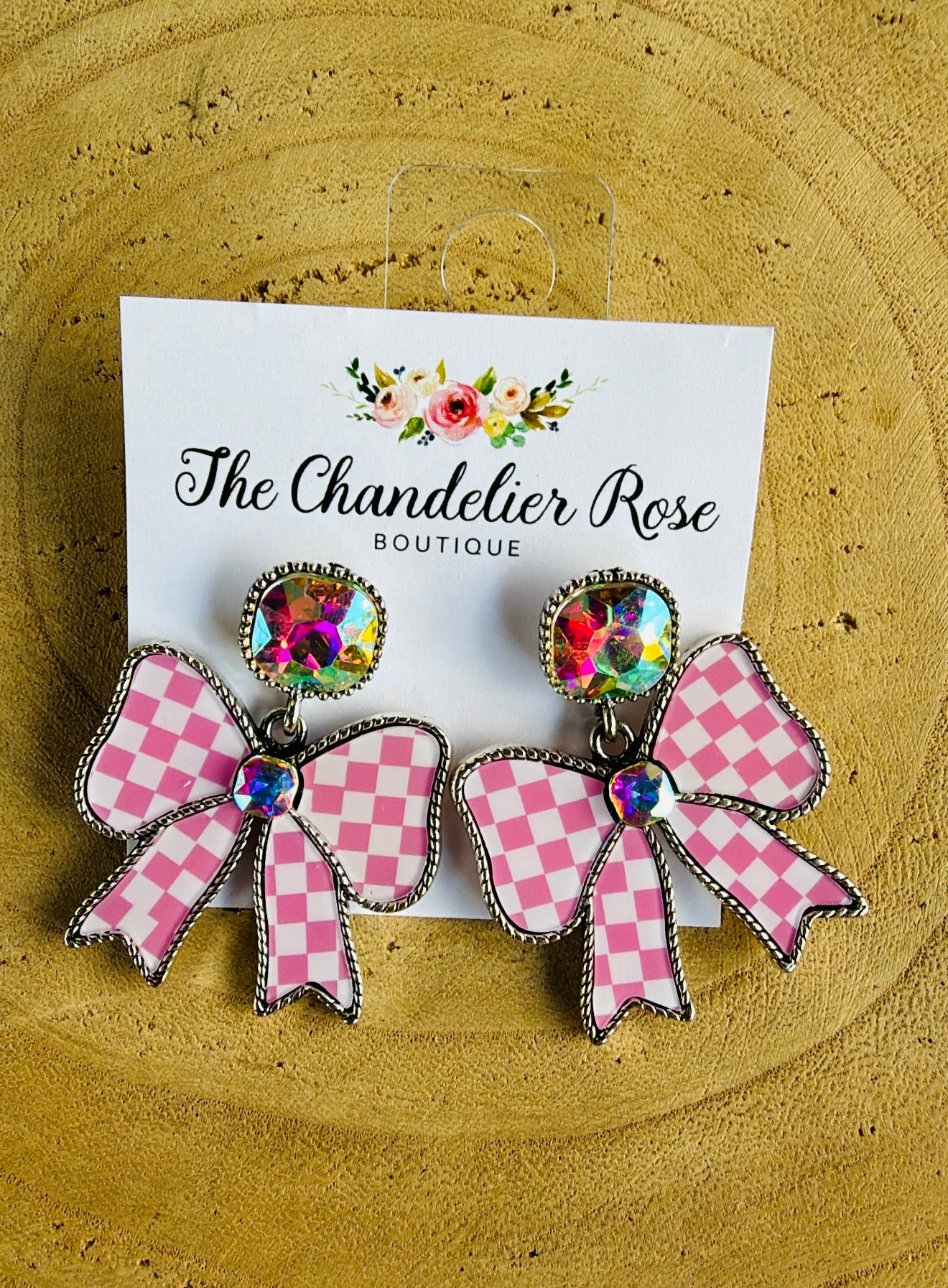 PINK CHECKERED BOW AB STONE EARRINGS
