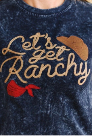 NAVY MINERAL WASH LET'S GET RANCHY EMBROIDERED SHORT SLEEVE TOP