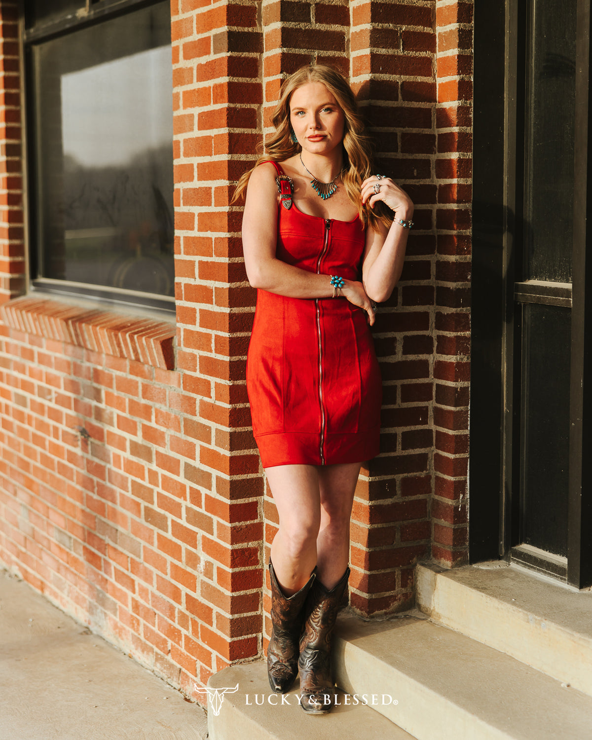 STRETCH SUEDE BUCKLE STRAP CORSET DRESS - RED