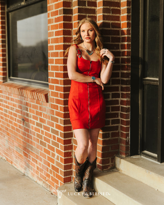STRETCH SUEDE BUCKLE STRAP CORSET DRESS - RED