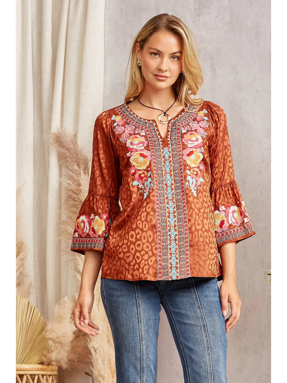 SPLIT NECKLINE EMBROIDERY TOP - RUST MULTI