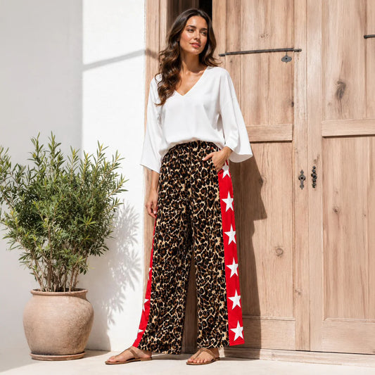 LEOPARD PRINT RED SIDE WHITE STAR ELASTIC PANTS