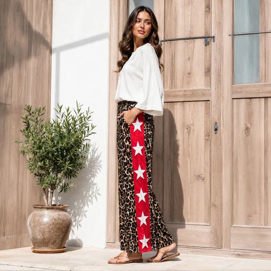 LEOPARD PRINT RED SIDE WHITE STAR ELASTIC PANTS