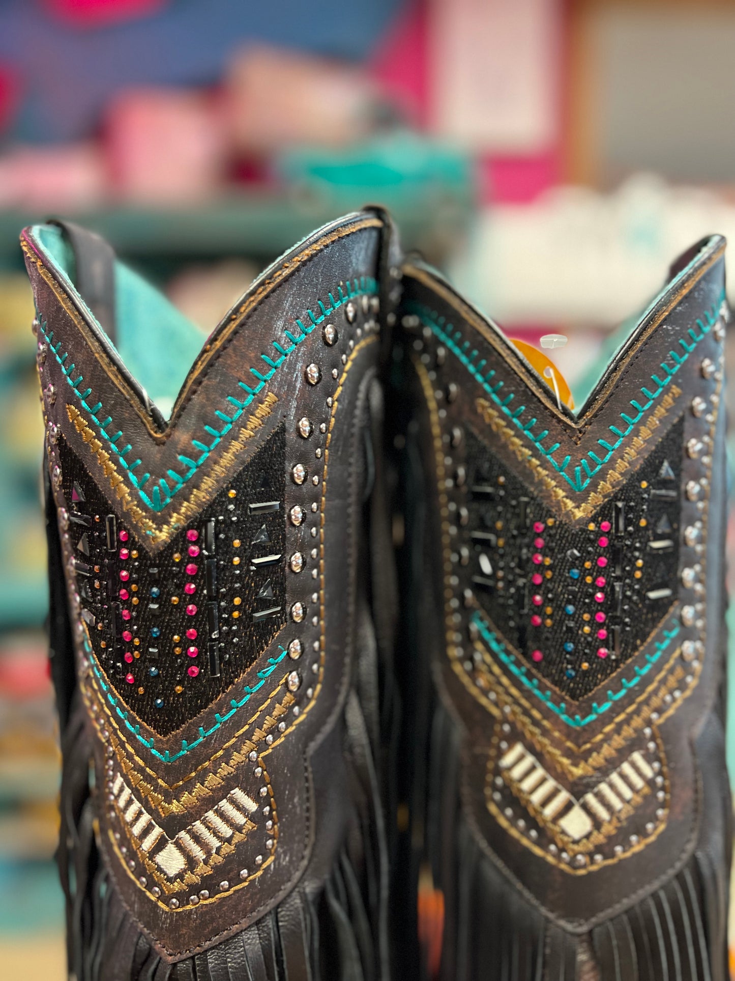 CORRAL WOMEN'S BLACK EMBROIDERY, CRYSTALS AND LAMB FRINGE WESTERN BOOTS - C4078