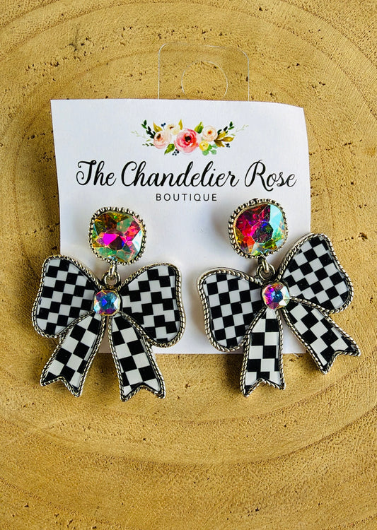 BLACK CHECKERED BOW AB STONE EARRINGS