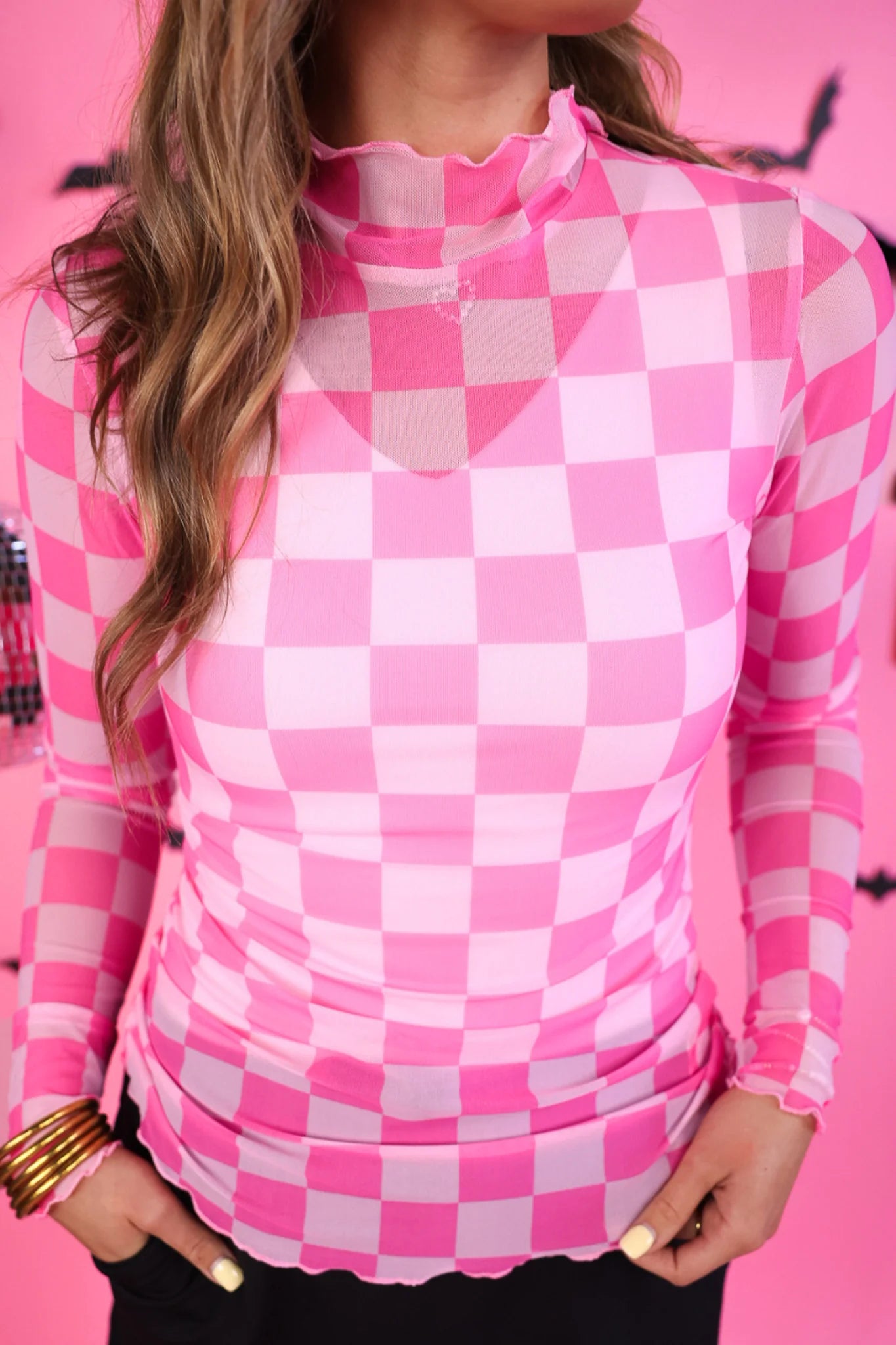 KEIGAN MESH TOP - BUBBLEGUM CHECKERED TOP