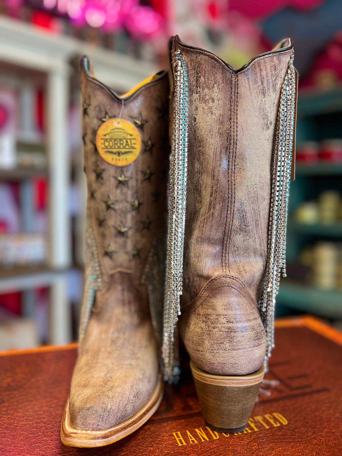 CORRAL WOMEN'S BROWN EMBROIDERY & STAR STUD FRINGE WESTERN BOOTS - A4625