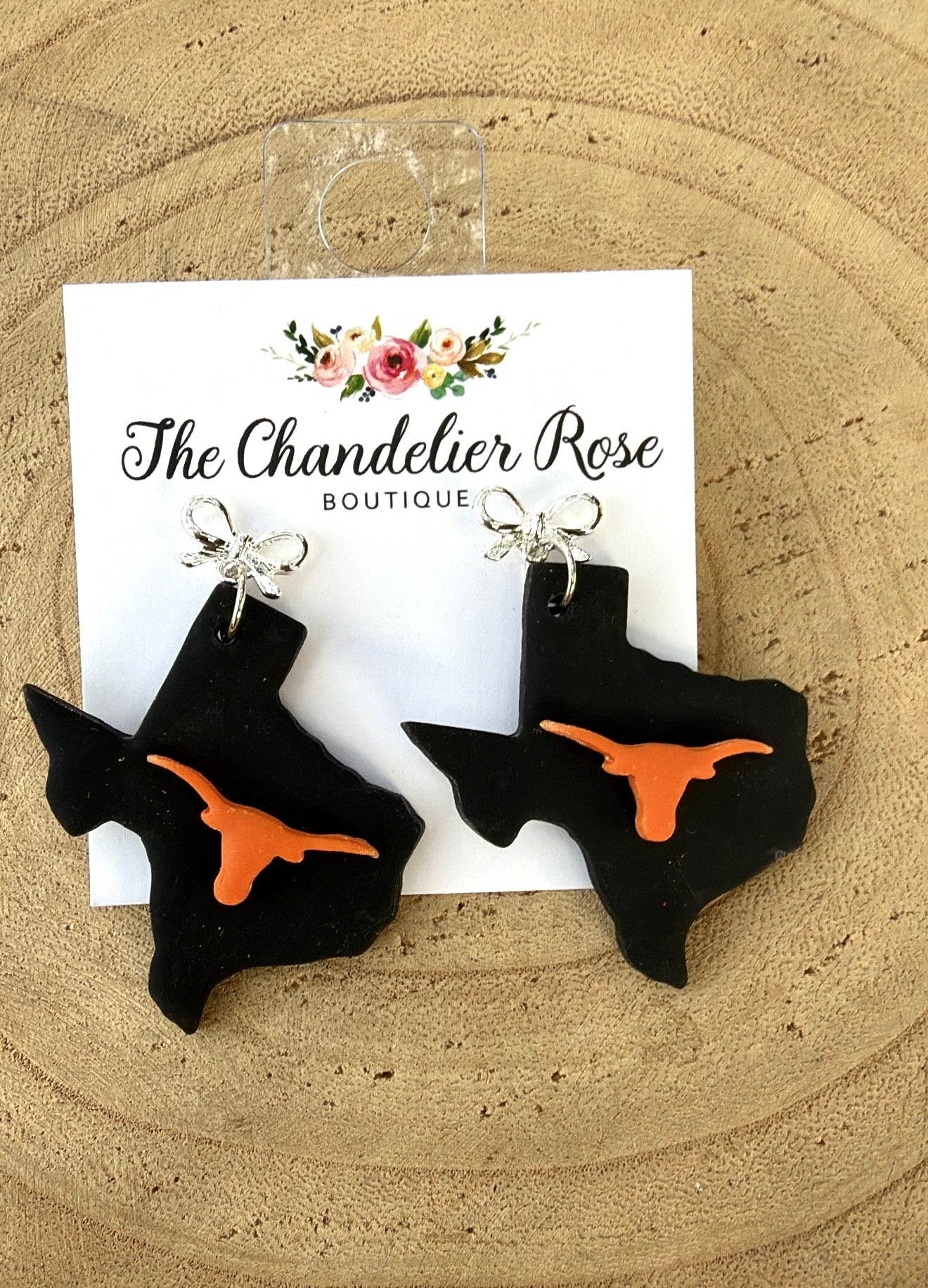 Black Texas Longhorns Earrings with Silver Bow
