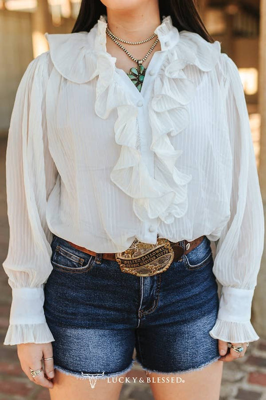 WHITE SHEER LONG SLEEVE RUFFLE FRONT BLOUSE