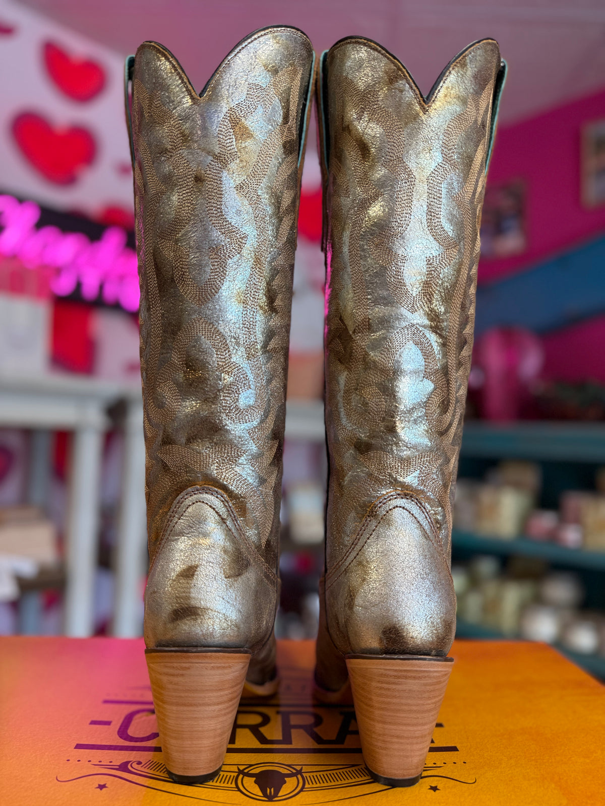 WOMEN'S GOLD METALLIZED LEATHER & EMBROIDERY TALL POINTED WESTERN BOOT - Z5223