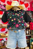 ROUND NECKLINE EMBROIDERED CROPPED TOP - BLACK MULTI COLOR