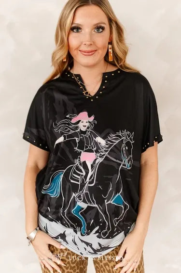 BLACK RODEO COWGIRL PRINTED STUDDED TOP