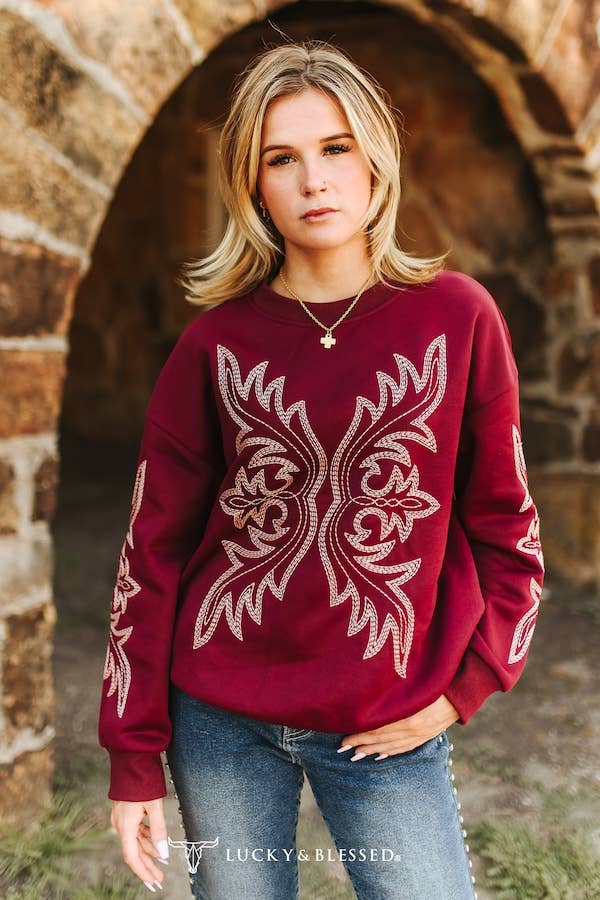 BOOT-STITCH DETAIL EMBROIDERED LONG SLEEVE SWEATSHIRT - BURGUNDY