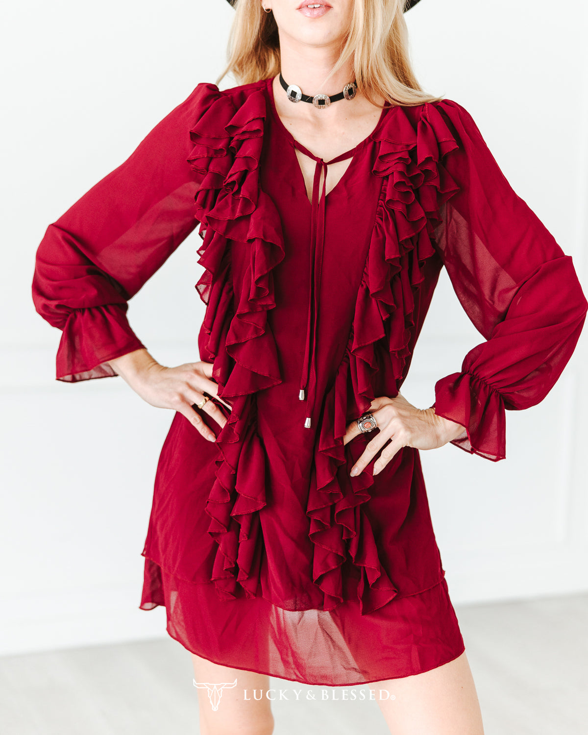 CHERRY RED FLOWY LAYERED RUFFLE CHIFFON LINED DRESS