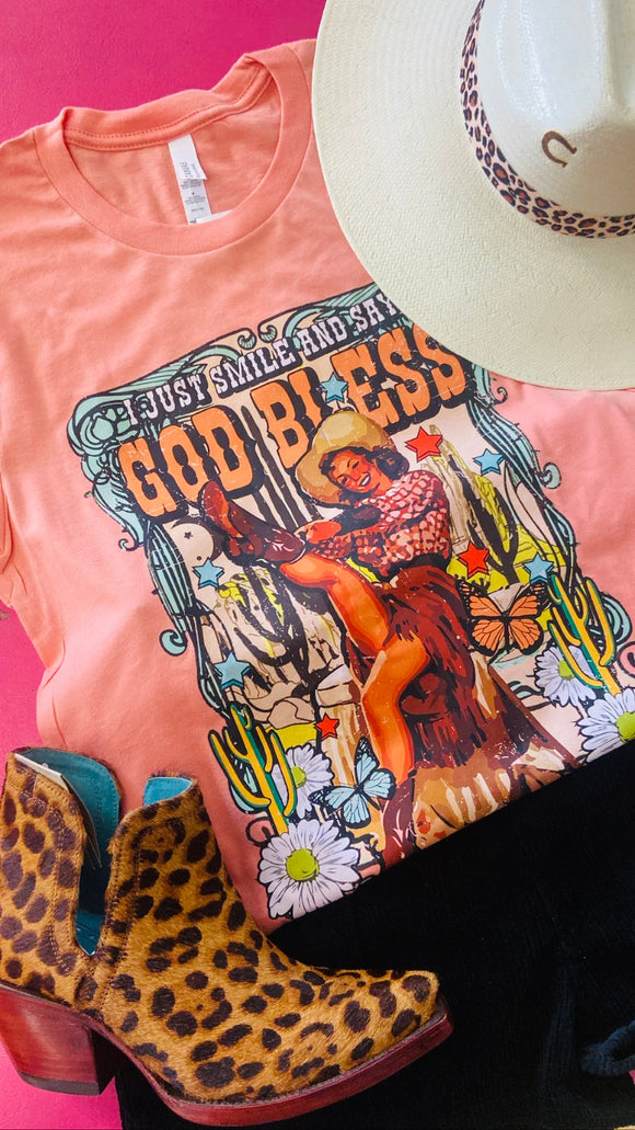 SMILE AND SAY GOD BLESS TEE - SUNSET