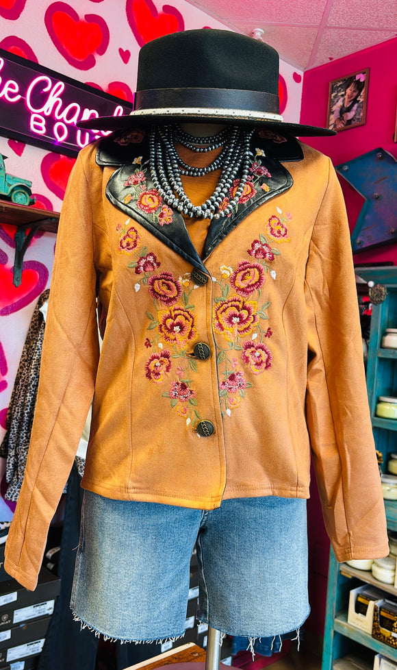 FLORAL EMBROIDERY VEGAN LEATHER JACKET WITH BACK FRINGE