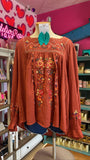 EMBROIDERY BLOUSE LONG SLEEVE  TOP - RUST