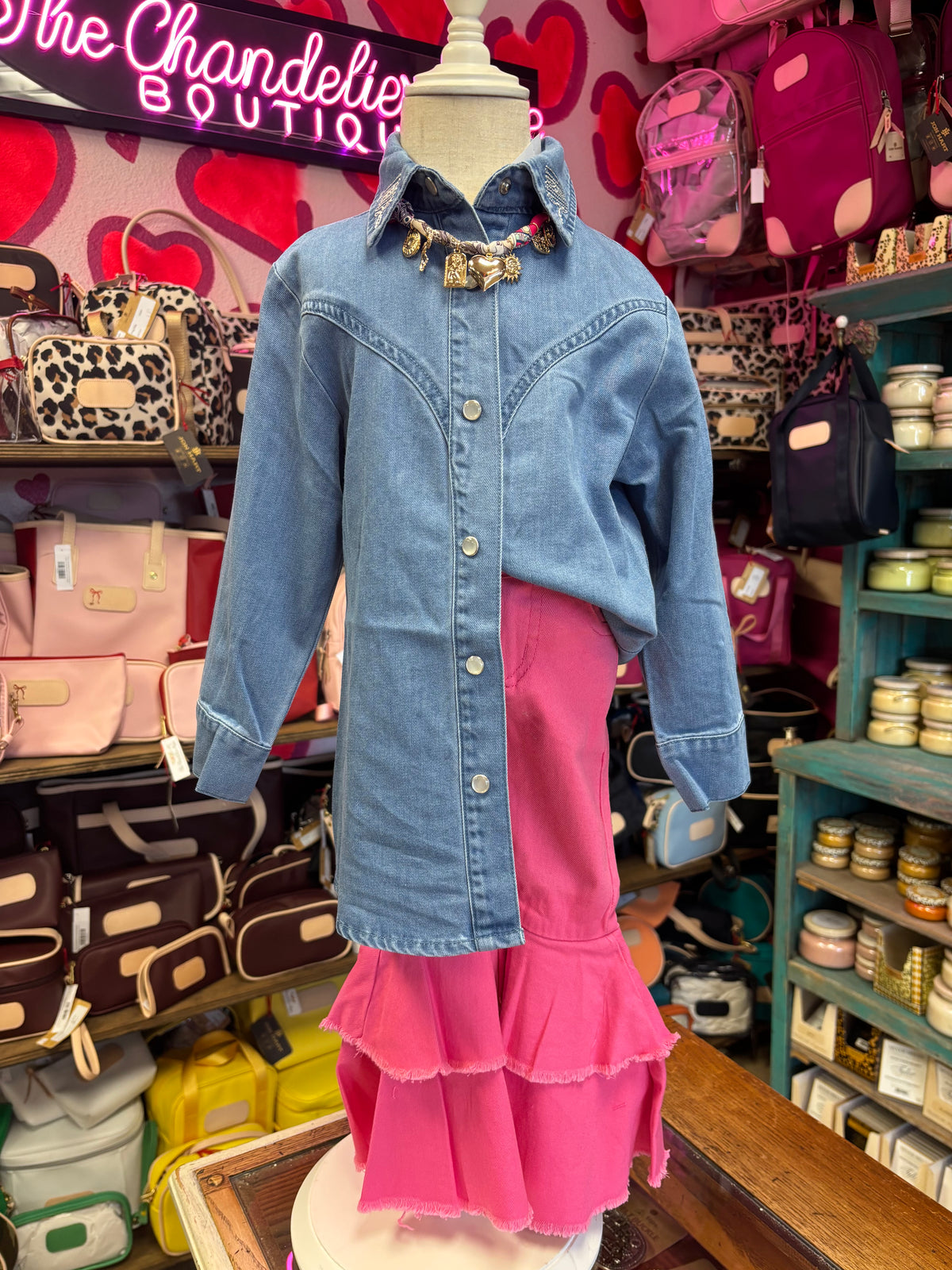 GIRLS DARK WASH BUTTON DOWN SHIRT W BOOT STITCHED EMBROIDERED COLLAR