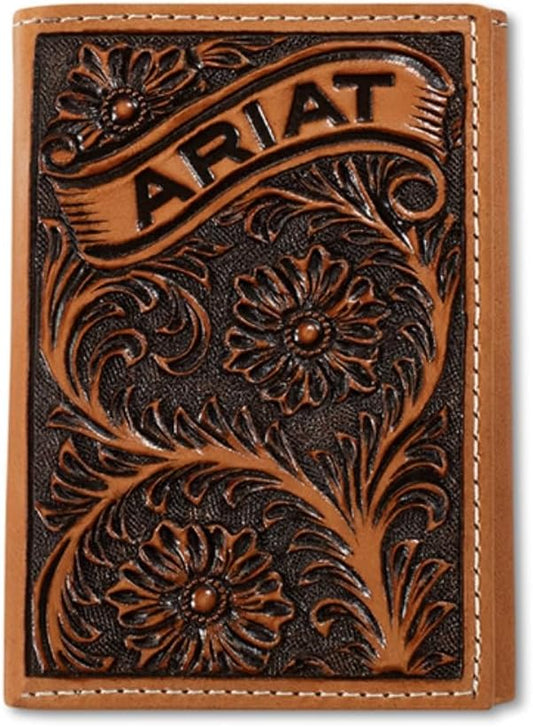 ARIAT MENS TRIFOLD STYLE WALLET FLORAL ARIAT BANNER TAN