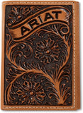 ARIAT MENS TRIFOLD STYLE WALLET FLORAL ARIAT BANNER TAN