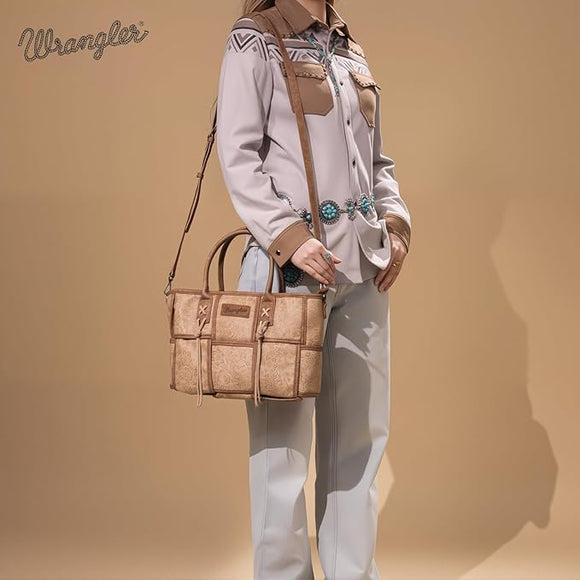 Wrangler Woven Large Tote Bag for Women Western Floral Tooled Purses and Handbags - Tan
