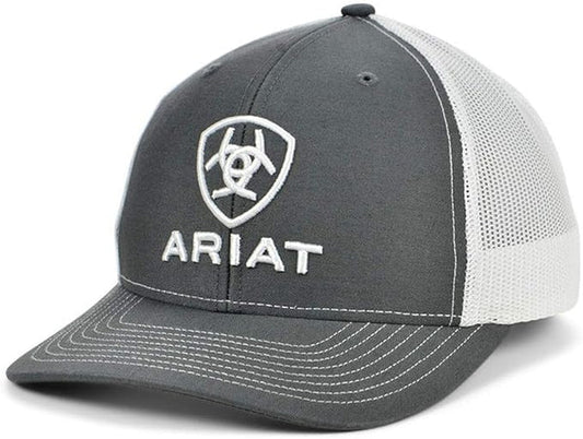 ARIAT MENS STACKED LOGO TRUCKER CAP - GREY AND WHITE